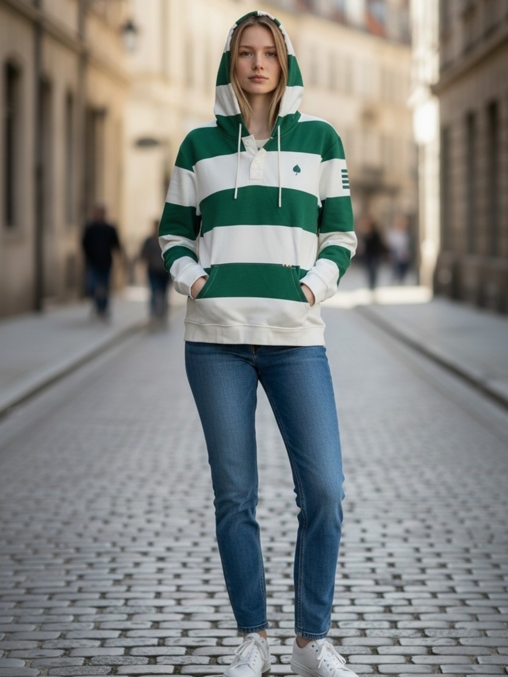 HBC Stripes Green and White Striped Hooded Pullover
